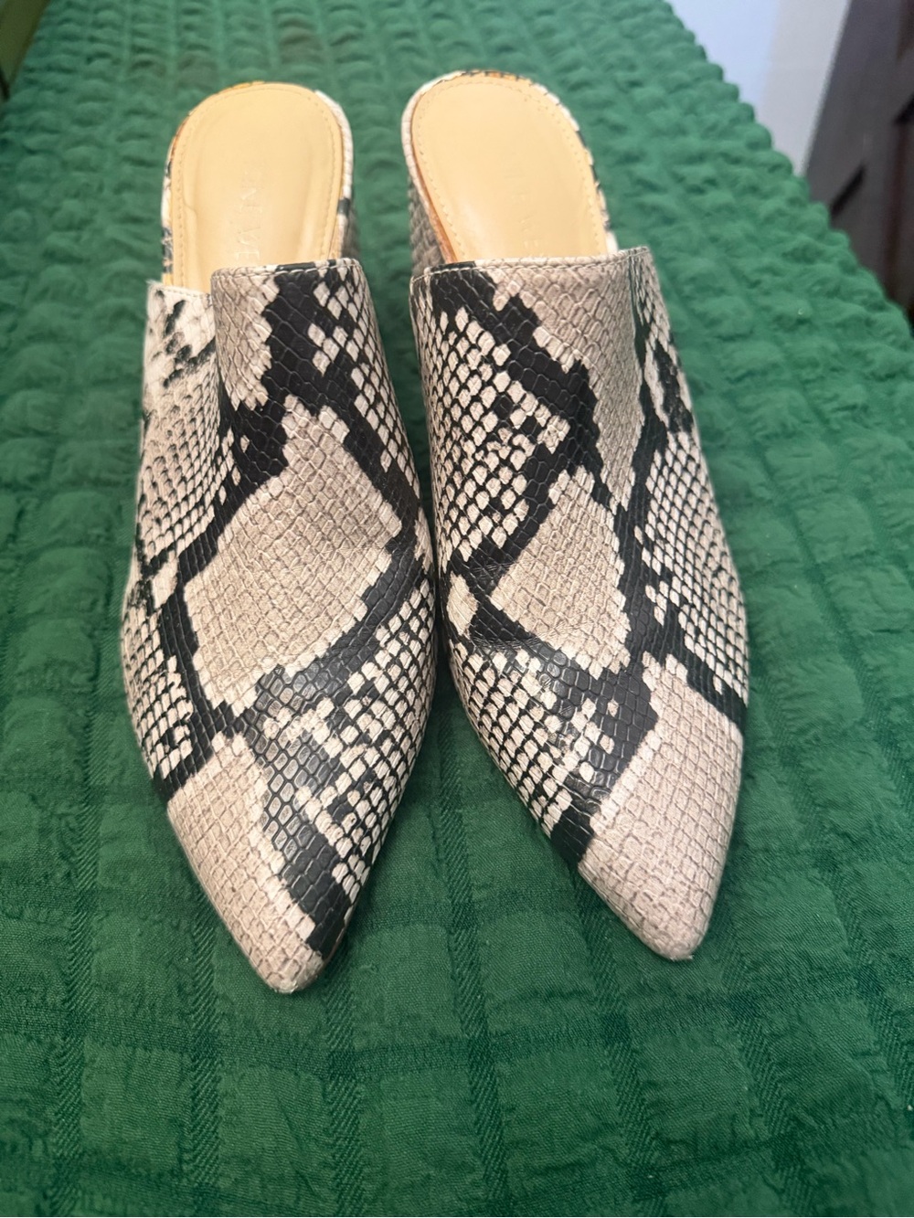 Nine West Snake-Print Pointed Slip-On Mules in Black and Cream